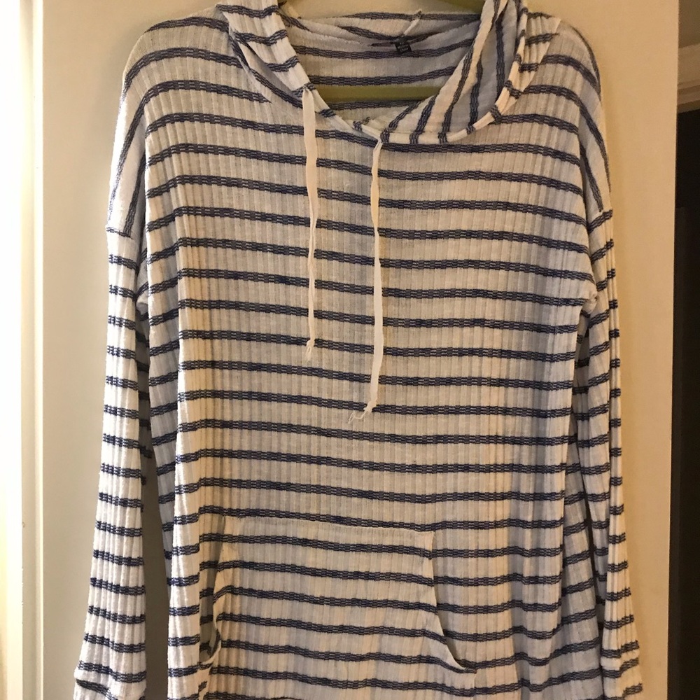 White and Blue Stripe Hooded Sweater